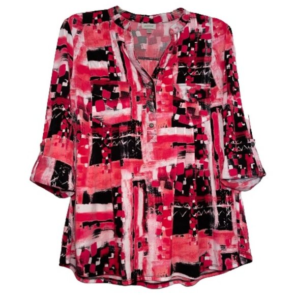 Avenue Tops - AVENUE Abstract V-Neck 3/4 Sleeve Henley Tunic Blouse Red Pink Plus Size 14/16